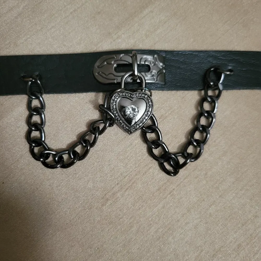 2 piece gothic studded black synthetic leather bracelet set with heart & chains